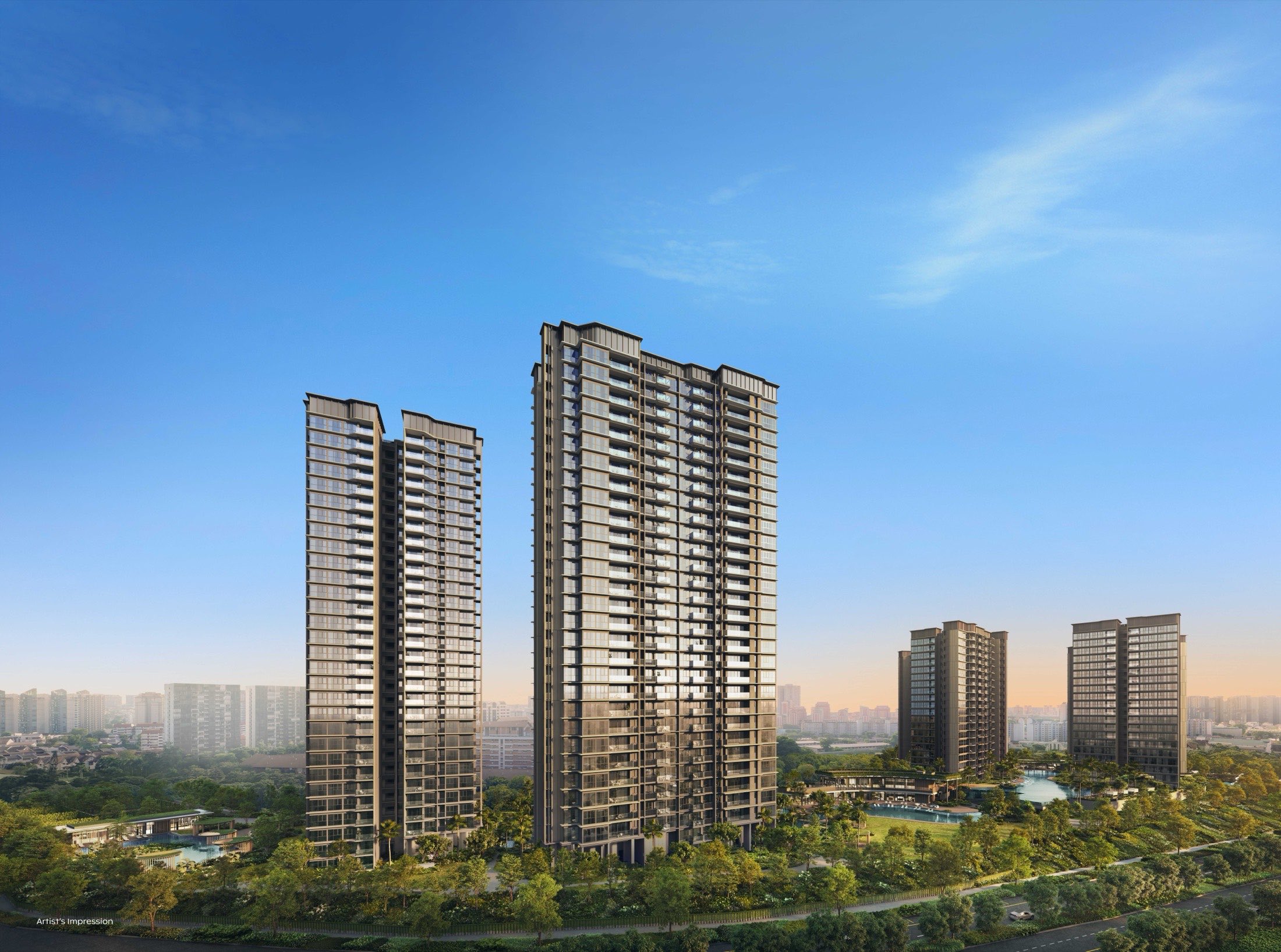 Thomson Reserve — residential towers above landscaped greenery at Bright Hill Drive